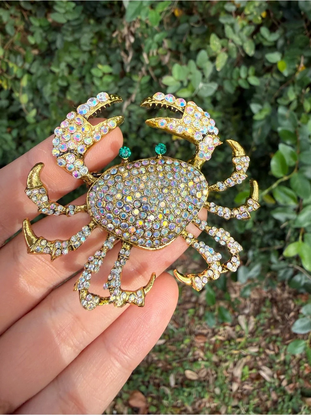 Gold-Tone Crystal Crab Brooch — Iridescent Blue Accent